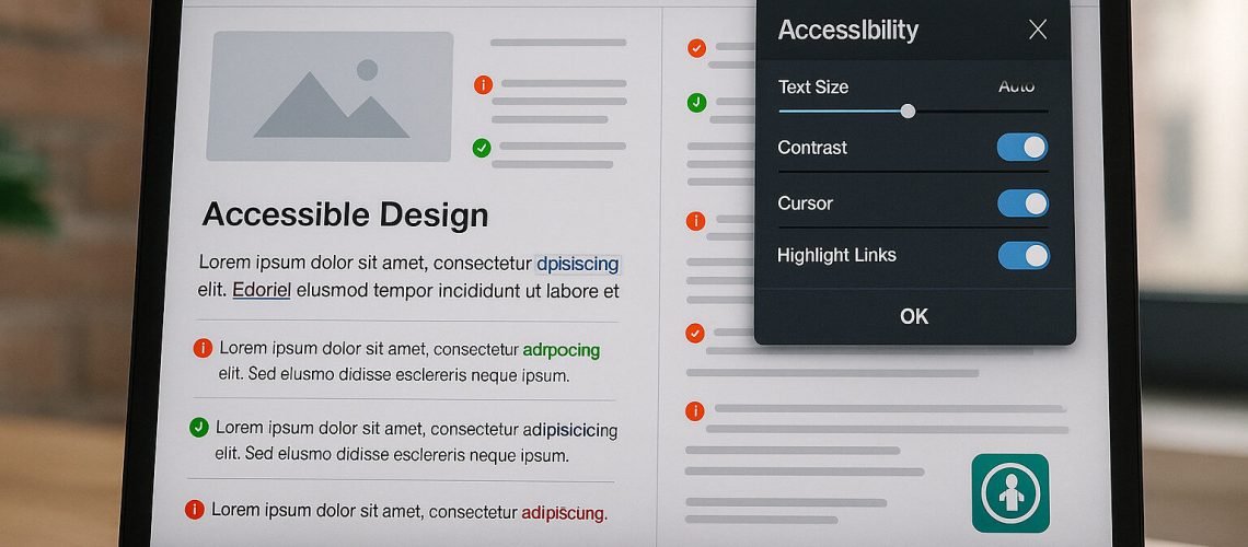 Laptop showing webpage with accessibility settings: text size, contrast, cursor, highlight links toggles, and an 'OK' button.